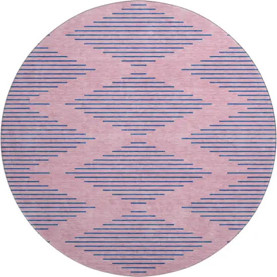 8' Pink And Navy Blue Geometric Washable Round Rug With UV Protection Photo 1