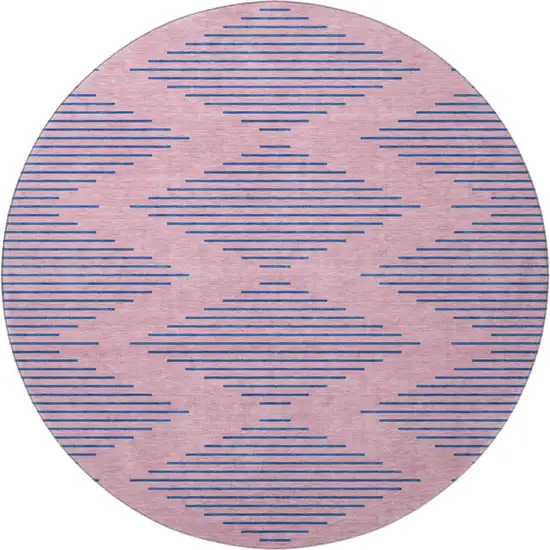 8' Pink And Navy Blue Geometric Washable Round Rug With UV Protection Photo 3