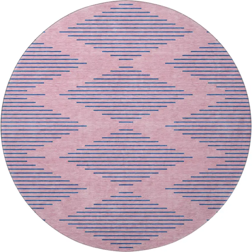 8' Pink And Navy Blue Geometric Washable Round Rug With UV Protection Photo 3