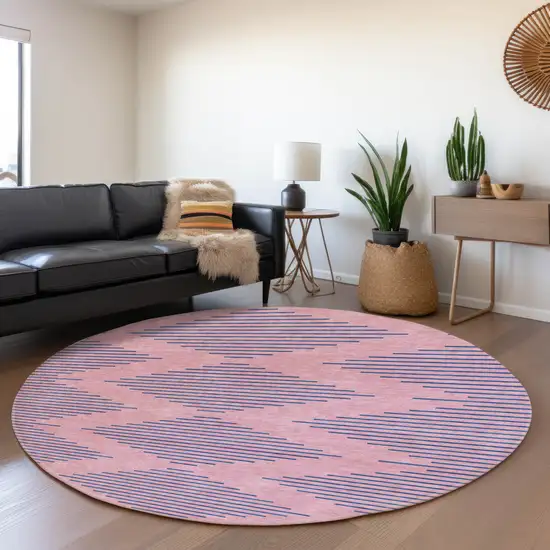 8' Pink And Navy Blue Geometric Washable Round Rug With UV Protection Photo 4