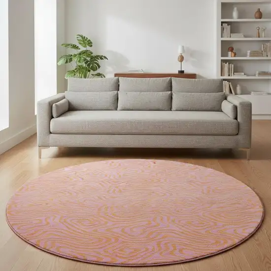 8' Pink And Orange Abstract Washable Round Rug With UV Protection Photo 2