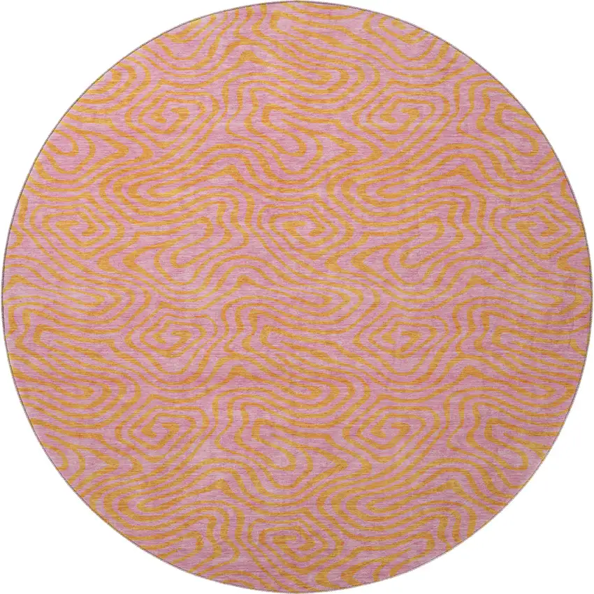 8' Pink And Orange Abstract Washable Round Rug With UV Protection Photo 3