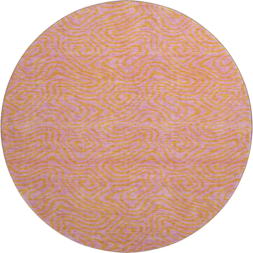 8' Pink And Orange Abstract Washable Round Rug With UV Protection Photo 1