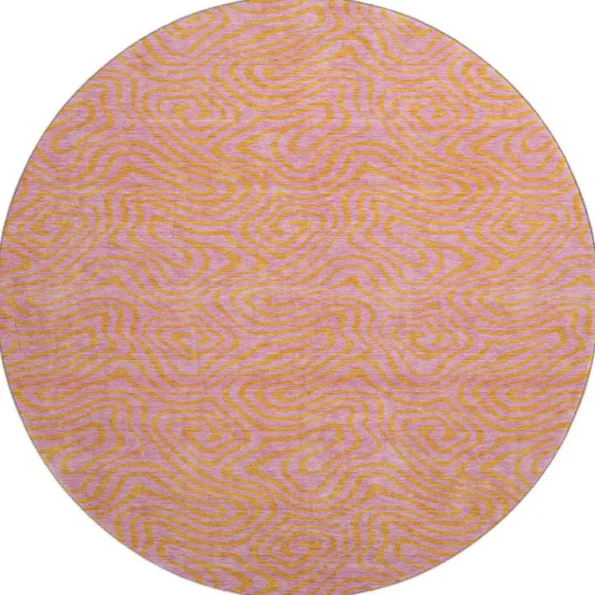 8' Pink And Orange Abstract Washable Round Rug With UV Protection Photo 2