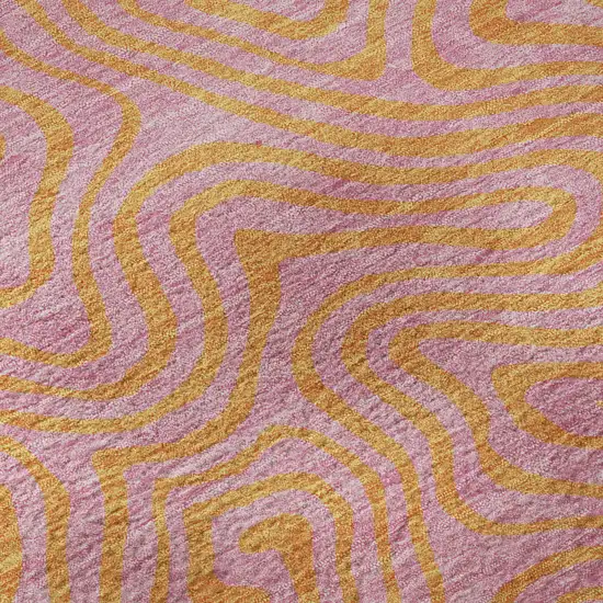 8' Pink And Orange Abstract Washable Round Rug With UV Protection Photo 8