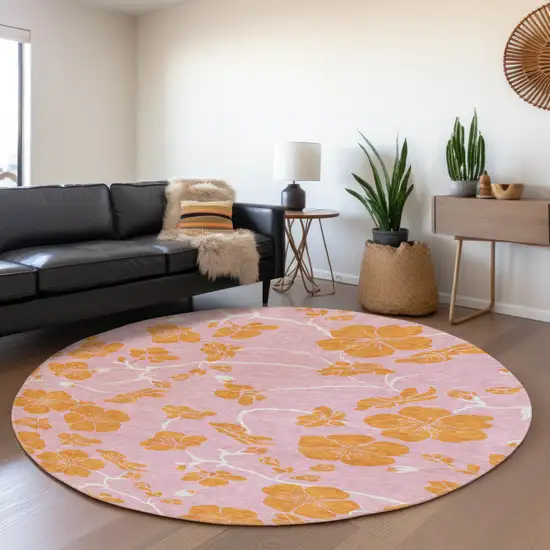 8' Pink And Orange Floral Washable Round Rug With UV Protection Photo 4