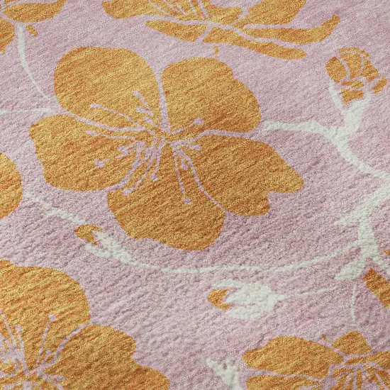 8' Pink And Orange Floral Washable Round Rug With UV Protection Photo 8