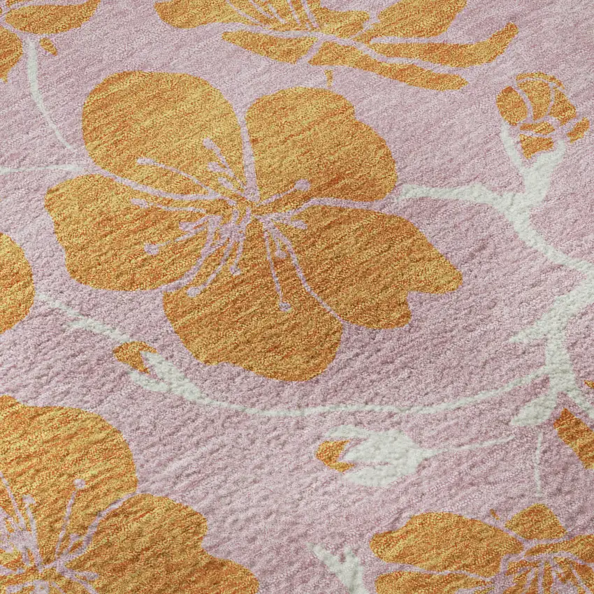 8' Pink And Orange Floral Washable Round Rug With UV Protection Photo 8