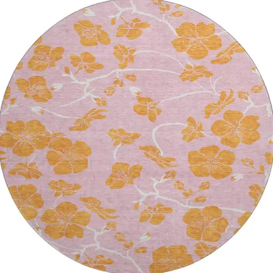 8' Pink And Orange Floral Washable Round Rug With UV Protection Photo 2