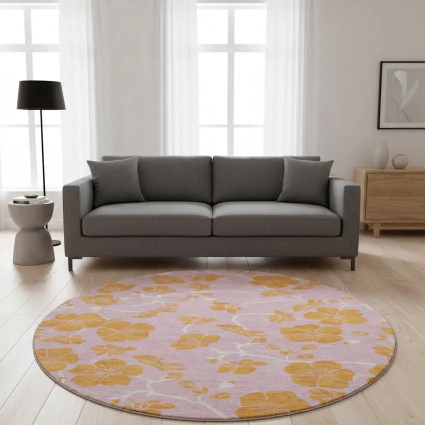 8' Pink And Orange Floral Washable Round Rug With UV Protection Photo 2