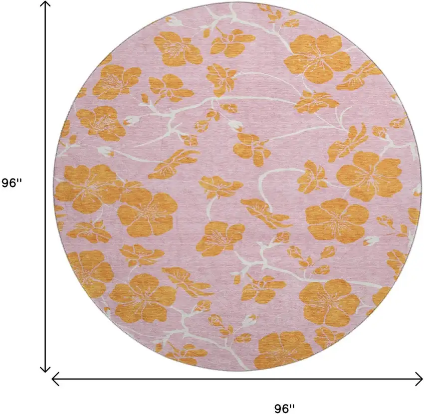 8' Pink And Orange Floral Washable Round Rug With UV Protection Photo 9