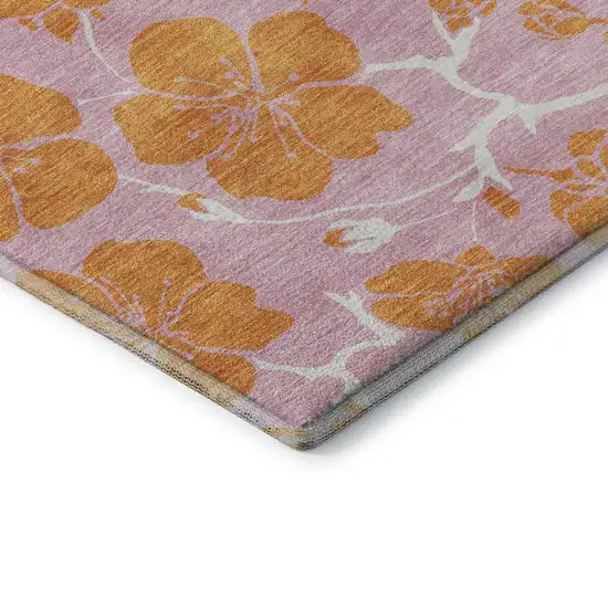 8' Pink And Orange Floral Washable Round Rug With UV Protection Photo 6