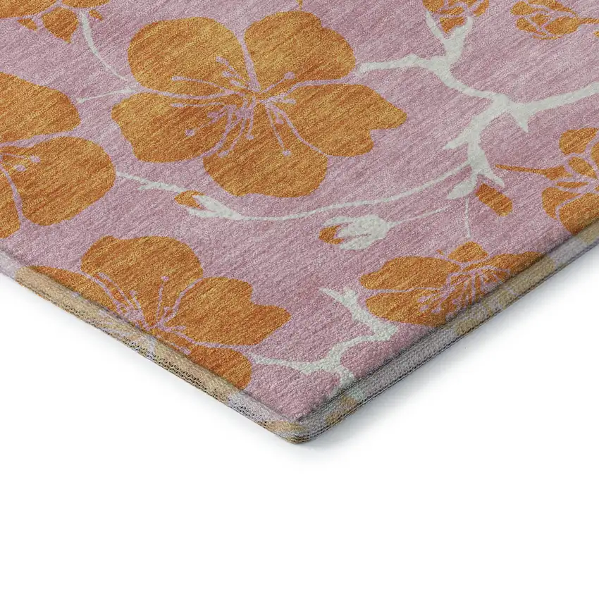 8' Pink And Orange Floral Washable Round Rug With UV Protection Photo 6