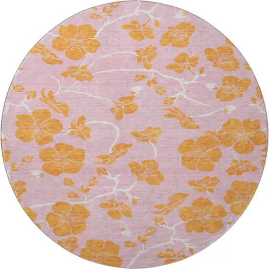 8' Pink And Orange Floral Washable Round Rug With UV Protection Photo 3
