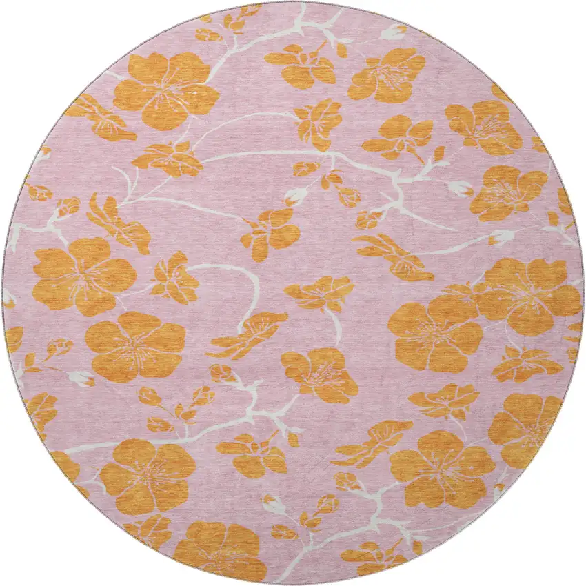 8' Pink And Orange Floral Washable Round Rug With UV Protection Photo 3