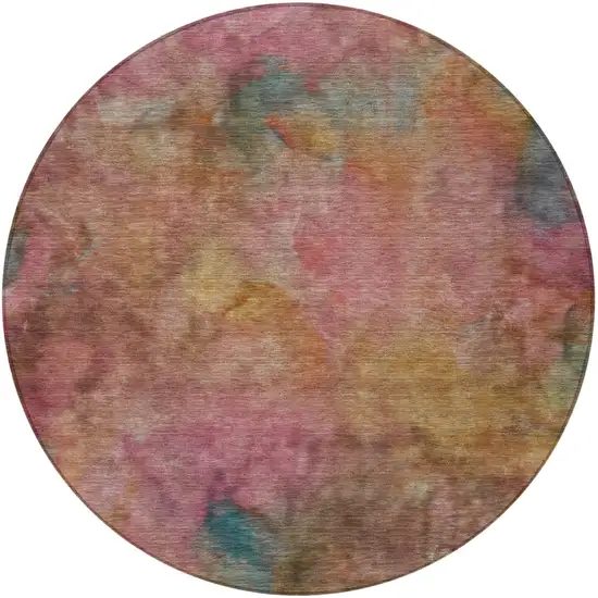 8' Pink And Orange Round Abstract Washable Indoor Outdoor Area Rug Photo 5