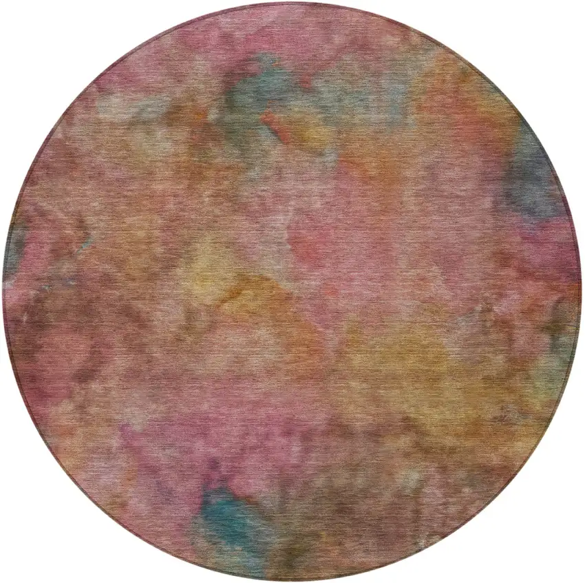 8' Pink And Orange Round Abstract Washable Indoor Outdoor Area Rug Photo 5