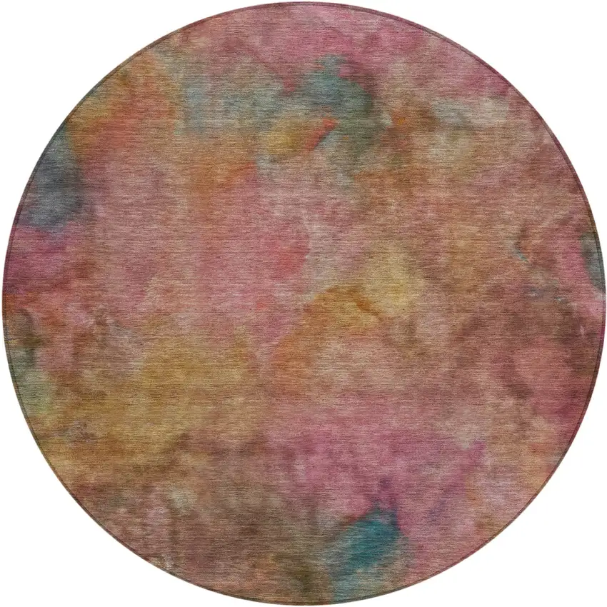 8' Pink And Orange Round Abstract Washable Indoor Outdoor Area Rug Photo 2