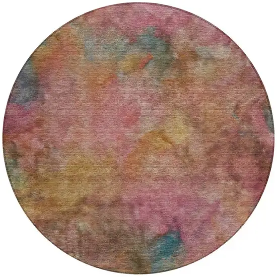 8' Pink And Orange Round Abstract Washable Indoor Outdoor Area Rug Photo 4