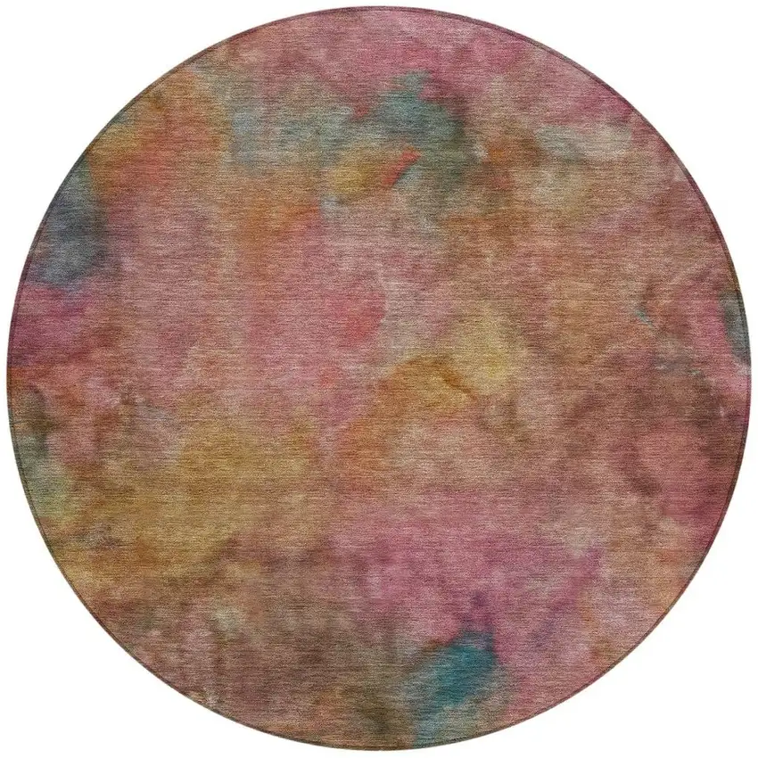 8' Pink And Orange Round Abstract Washable Indoor Outdoor Area Rug Photo 4