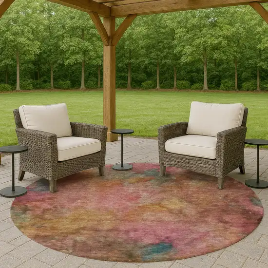 8' Pink And Orange Round Abstract Washable Indoor Outdoor Area Rug Photo 8