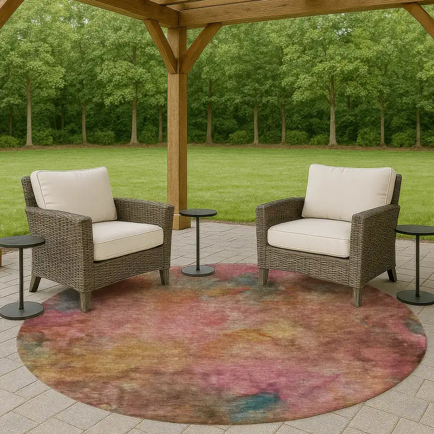 8' Pink And Orange Round Abstract Washable Indoor Outdoor Area Rug Photo 8