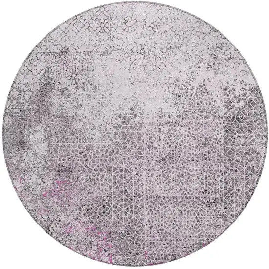 8' Pink And Pewter Round Abstract Washable Indoor Outdoor Area Rug Photo 4