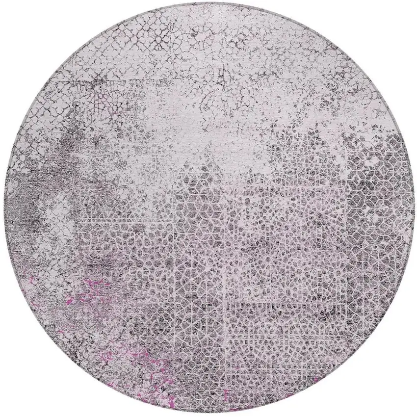 8' Pink And Pewter Round Abstract Washable Indoor Outdoor Area Rug Photo 4