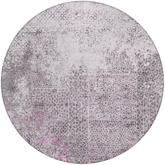8' Pink And Pewter Round Abstract Washable Indoor Outdoor Area Rug Photo 2