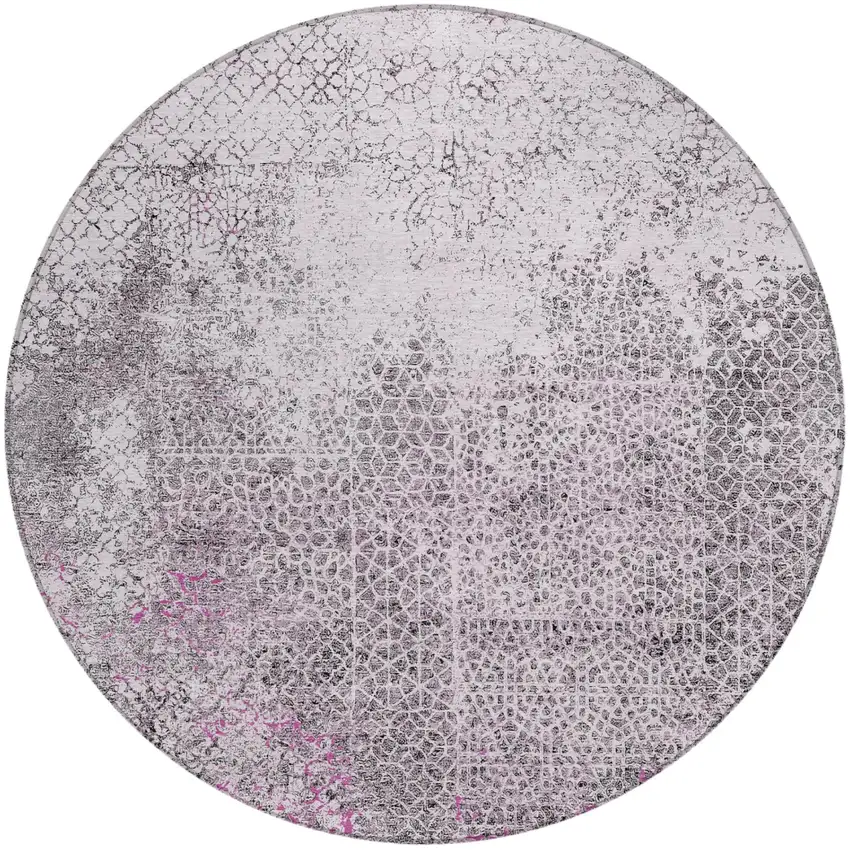 8' Pink And Pewter Round Abstract Washable Indoor Outdoor Area Rug Photo 2