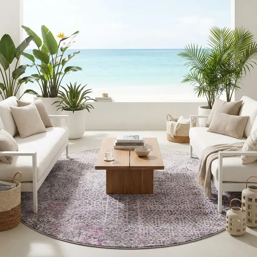8' Pink And Pewter Round Abstract Washable Indoor Outdoor Area Rug Photo 1