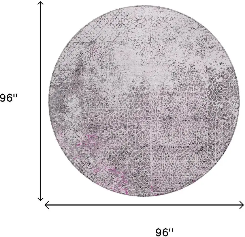 8' Pink And Pewter Round Abstract Washable Indoor Outdoor Area Rug Photo 7