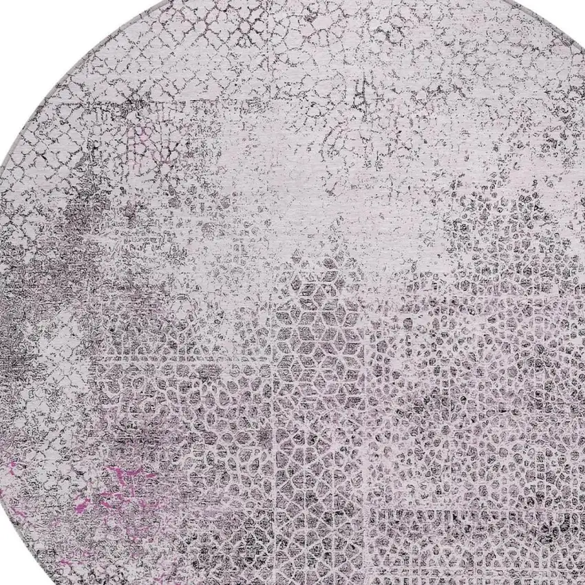 8' Pink And Pewter Round Abstract Washable Indoor Outdoor Area Rug Photo 3