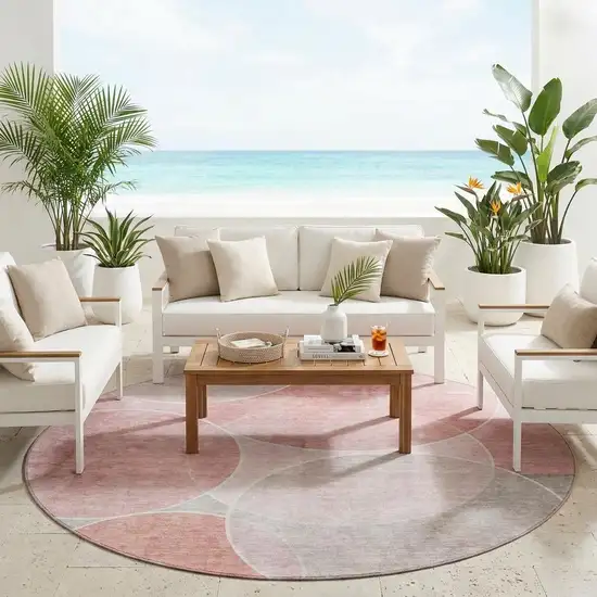 8' Pink And Pewter Round Geometric Washable Indoor Outdoor Area Rug Photo 1