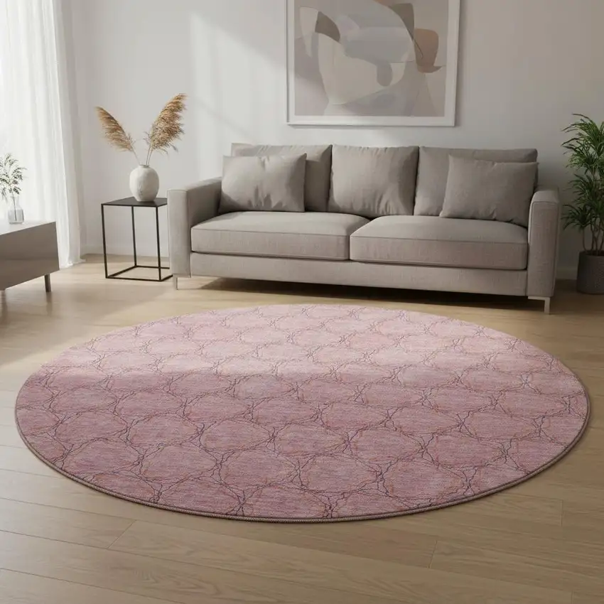 8' Pink And Purple Geometric Washable Round Rug With UV Protection Photo 2