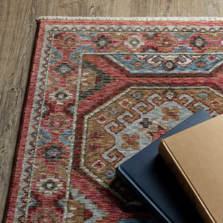 8' Pink And Red Medallion Runner Rug With Fringe Photo 9