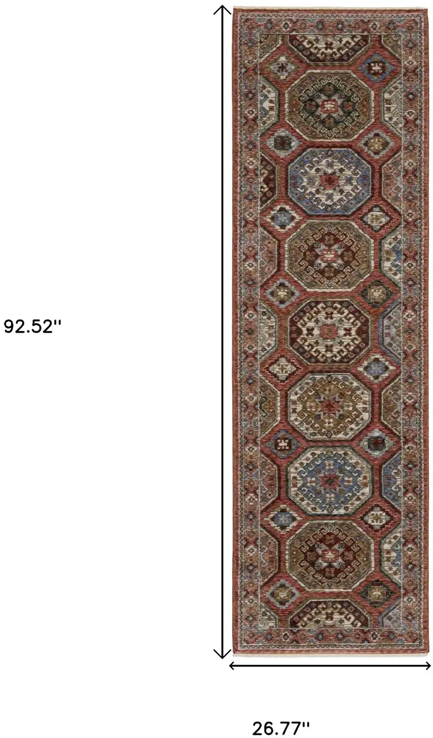 8' Pink And Red Medallion Runner Rug With Fringe Photo 3