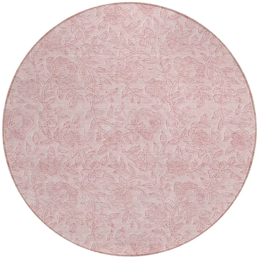 8' Pink And Red Round Floral Washable Indoor Outdoor Area Rug Photo 6