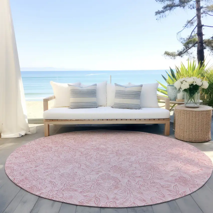 8' Pink And Red Round Floral Washable Indoor Outdoor Area Rug Photo 7