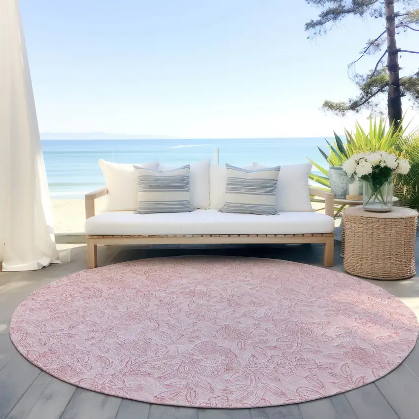 8' Pink And Red Round Floral Washable Indoor Outdoor Area Rug Photo 7