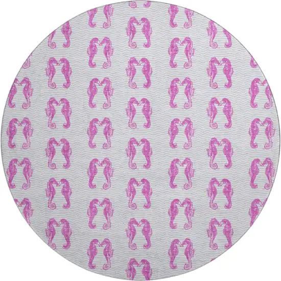 8' Pink And Silver Geometric Washable Round Rug With UV Protection Photo 1