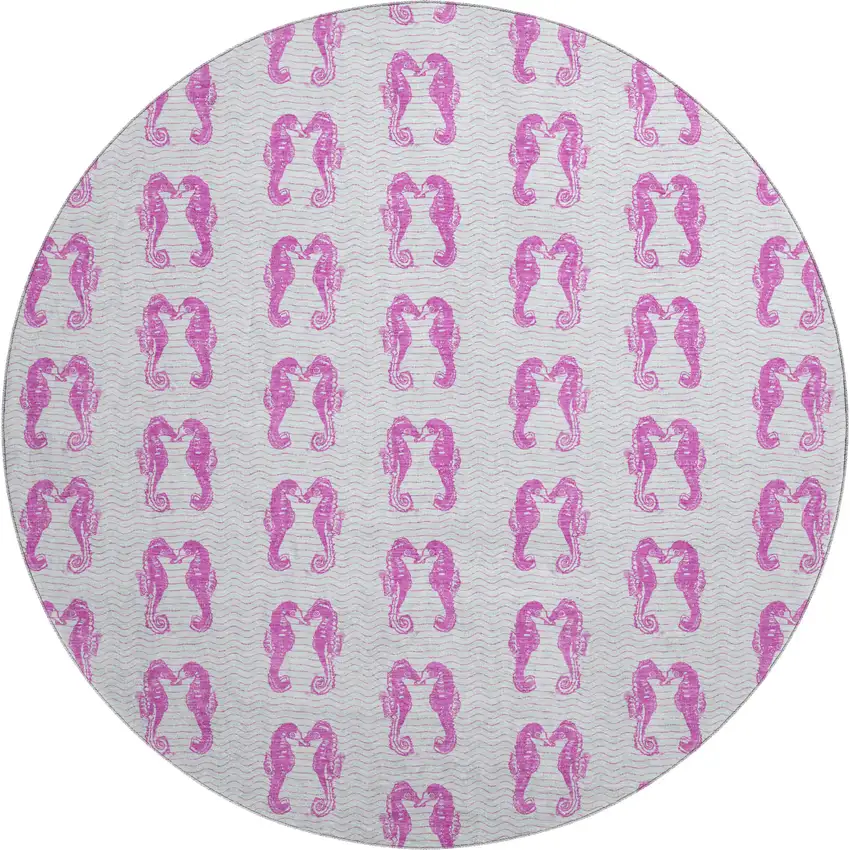 8' Pink And Silver Geometric Washable Round Rug With UV Protection Photo 1