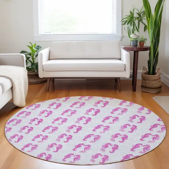8' Pink And Silver Geometric Washable Round Rug With UV Protection Photo 5