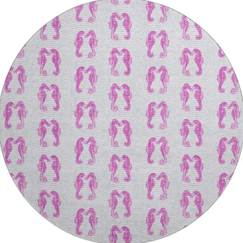 8' Pink And Silver Geometric Washable Round Rug With UV Protection Photo 4