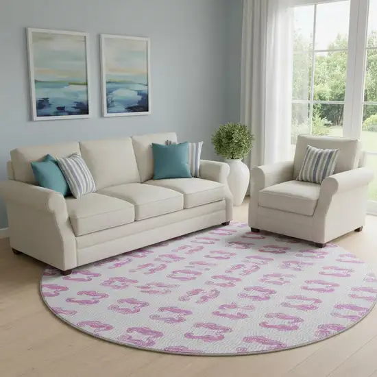 8' Pink And Silver Geometric Washable Round Rug With UV Protection Photo 1