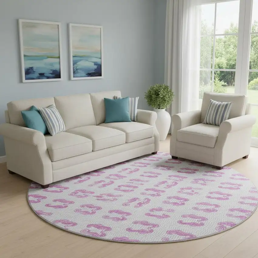 8' Pink And Silver Geometric Washable Round Rug With UV Protection Photo 1