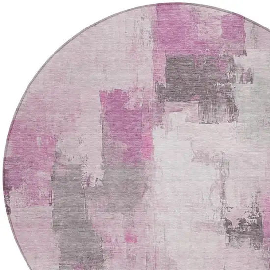 8' Pink And Silver Round Abstract Washable Indoor Outdoor Area Rug Photo 4