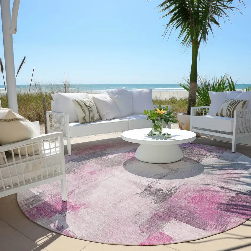 8' Pink And Silver Round Abstract Washable Indoor Outdoor Area Rug Photo 5