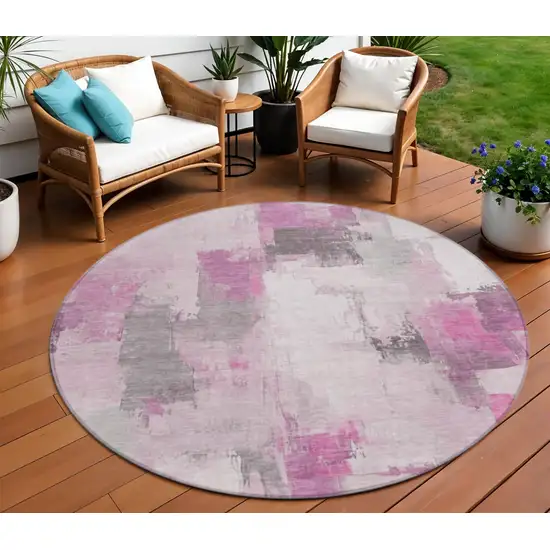 8' Pink And Silver Round Abstract Washable Indoor Outdoor Area Rug Photo 2