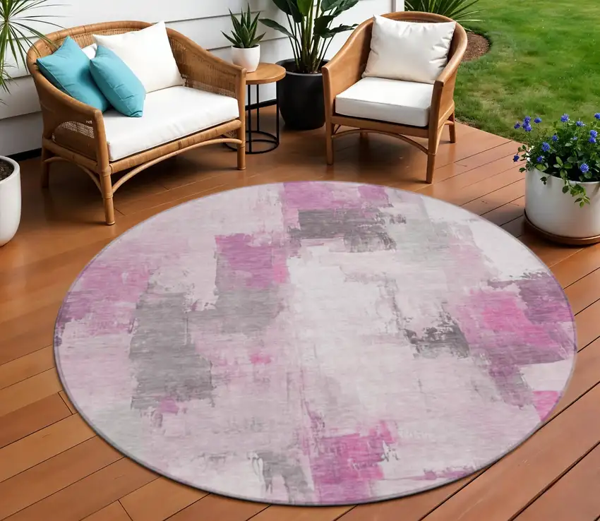 8' Pink And Silver Round Abstract Washable Indoor Outdoor Area Rug Photo 2